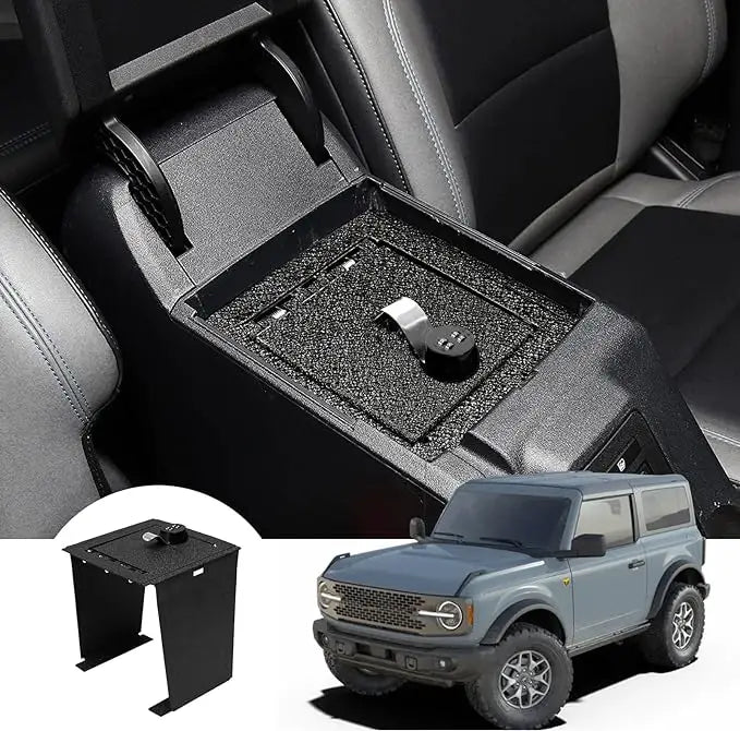 Ford bronco's center console safe with a 4-digit combination lock is installed.